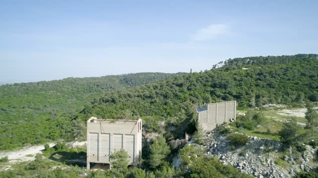Aerial view of a deserted building in a woodlands, Carmel Forest, Haifa, Israel