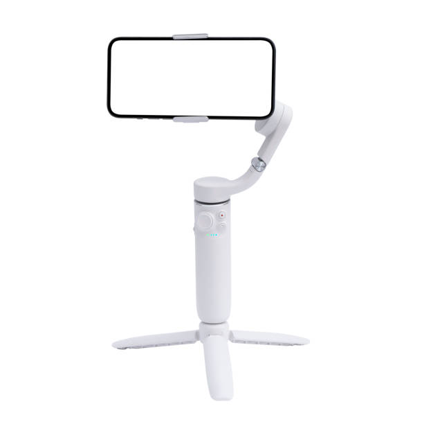 istock Electronic stabilizer for smartphone isolated on a white background. 3 axis gimbal stabilizer isolated. Gimbal close up isolated on white background 1453343914
