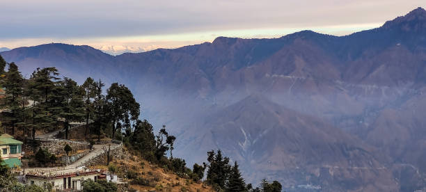 Mussoorie Winter Morning sun kissed Himalayas View from Mussoorie of Himalayan Range in winter morning and bright sunshine on the snow peaks. betula utilis stock pictures, royalty-free photos & images