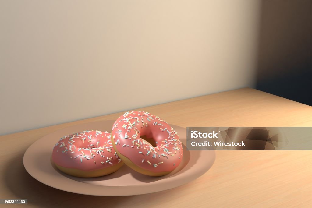 3d rendering of two pink chocolate covered donuts on a plate 3d rendering two pink glazed doughnuts on a white plate on a wooden table Baked Stock Photo