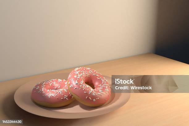 3d Rendering Of Two Pink Chocolate Covered Donuts On A Plate Stock Photo - Download Image Now