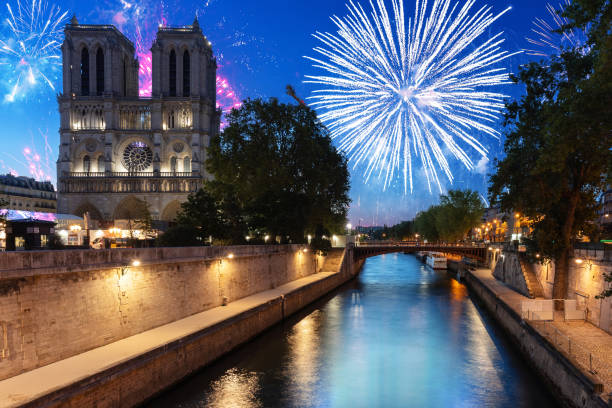 spettacolo pirotecnico di capodanno sopra la cattedrale di notre dame a parigi, francia - firework display pyrotechnics cityscape high up foto e immagini stock