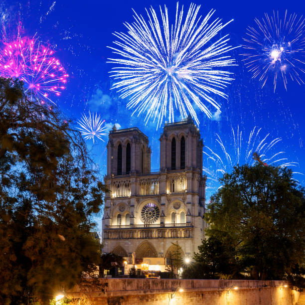 fuochi d'artificio di capodanno sul municipio di parigi, francia - firework display pyrotechnics cityscape high up foto e immagini stock