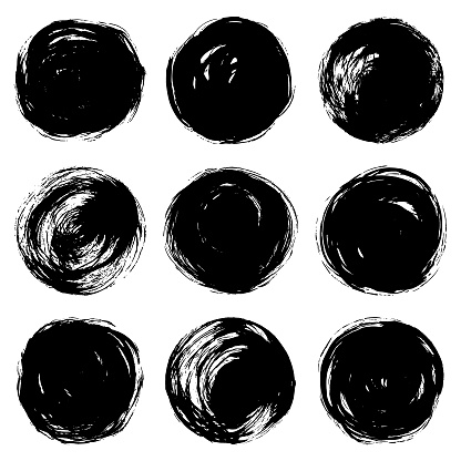 Set of nine circle shapes. Brush stroke. Grunge texture backgrounds. Vector design elements. Isolated black circle shapes on white background