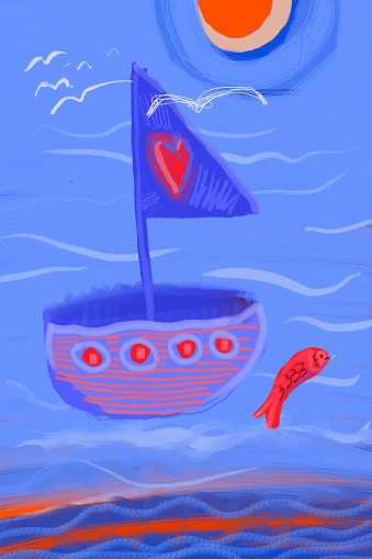 children's drawing - sailing vessel in blue ocean