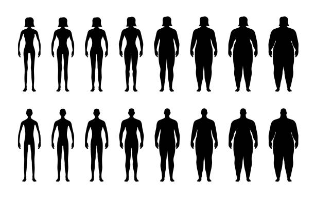 bmi-klassifikationstabelle messung mann und frau schwarzes symbolset. männliche und weibliche body mass index symbolsammlung von untergewichtig bis übergewichtig. personengewicht verschiedene stufen. vektorsymbole - naked people women female stock-grafiken, -clipart, -cartoons und -symbole