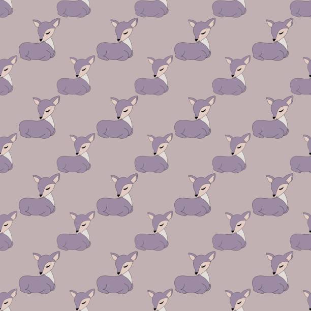 illustration, seamless pattern. delicate pattern of a small animal, a purple small fragile deer lies and sleeps, covering his eyes on a beige background. children's textiles, print for children square illustration, seamless pattern. delicate pattern of a small animal, a purple small fragile deer lies and sleeps, covering his eyes on a beige background. children's textiles, print for children love roe deer stock illustrations