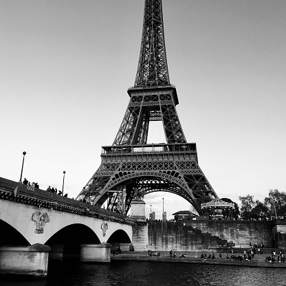Eiffel Tower, Carousel, and the Seine; Black and White