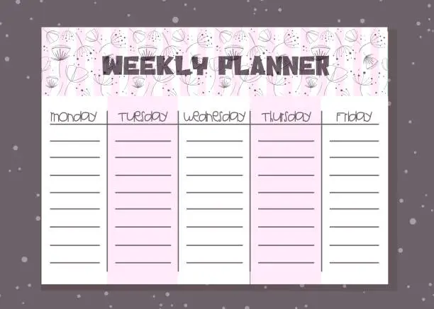 Vector illustration of Weekly, diary, planning concept in flat style. Weekly to-do list with summer floral cap on abstract color background.