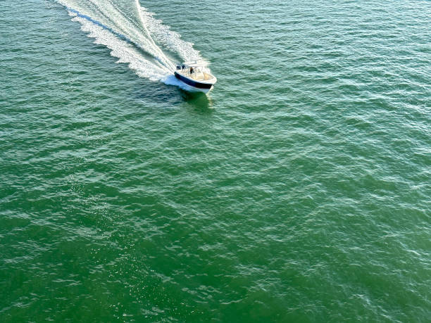 istock High angle view speedboat and water wake in sunny day 1453359486