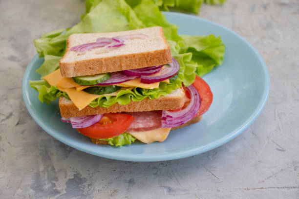 Sandwich with cheese, sausage, tomato, lettuce, blue onion on old background