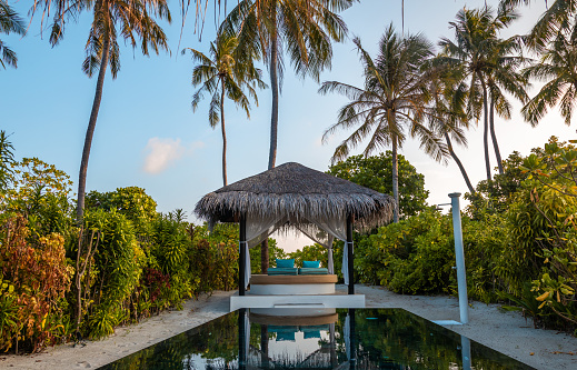 Rear view of a carefree woman sitting on the edge of an infinity pool at sunset and looking at view. Copy space.