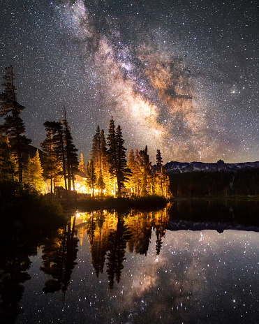 The Milkyway Galaxy casts its reflection in Twin Lakes (at Mammoth Lakes). Calm yet fiery lights on the forest.\n\nShot on Sony A7C 12:30am