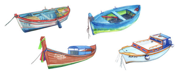 ilustraciones, imágenes clip art, dibujos animados e iconos de stock de velero de acuarela y barcos aislados sobre fondo blanco. ilustración de transporte marítimo pintada a mano. - nautical vessel isolated toy boat wood