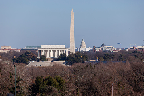 Higher angle view of the White House in Washington DC with the Washington and Jefferson Monuments and the Smithsonian Museum in the background. See other DC images in my Washington DC Lightbox.