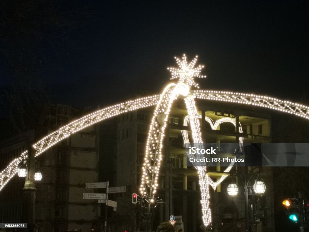 Christmas street lighting with glowing hearts in Düsseldorf Kö 2022 Mobile shot 2022 Stock Photo