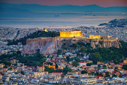 Panoramic aerial view of Athens, Greece at summer sunset