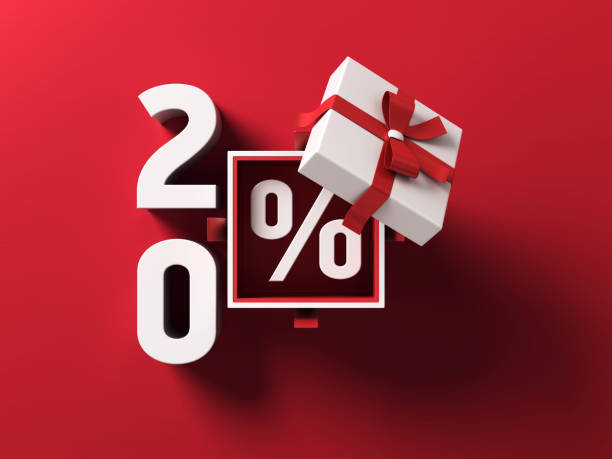 istock 3d Rendering 20 percent Off. Discount creative composition. White color percentage symbol and red color gift box stock photo 1453369392