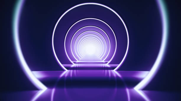 istock 3d render, neon light abstract background, round portal, rings, circles, virtual reality, ultraviolet spectrum, laser show, fashion podium, stage, floor reflection stock photo 1453371047