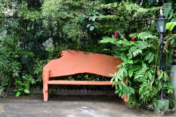 banco de jardim com vegetação e flores em torno de lugar romântico e tranquilo - dirty bench empty park - fotografias e filmes do acervo