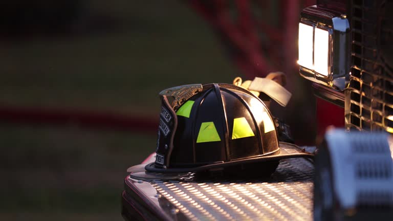 Fire helmet on front bumper of a firetruck