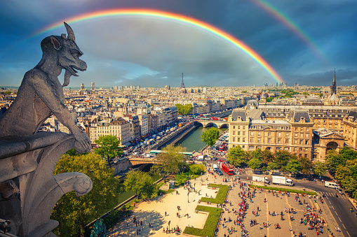 Rainbow over Gargoyle on Notre Dame Cathedral, Paris, France