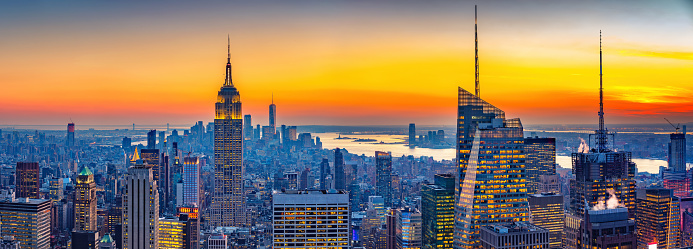 Aerial view of New York City Manhattan at sunset