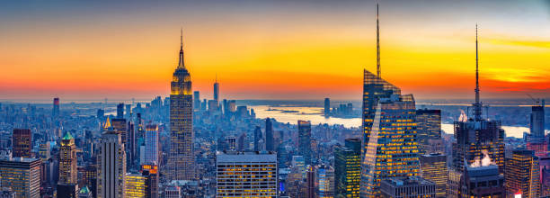 Aerial view of Manhattan at sunset stock photo