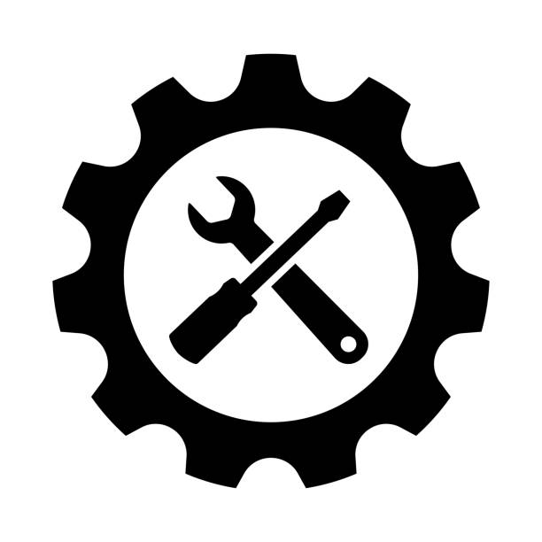 ilustrações, clipart, desenhos animados e ícones de chave inglesa, logotipo da engrenagem - wrench screwdriver work tool symbol