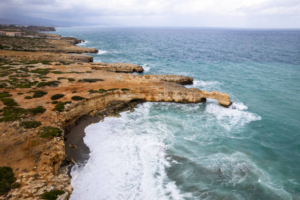 Coast line of Rethymno, Crete. Drone footage of stunning coastal landscapes.