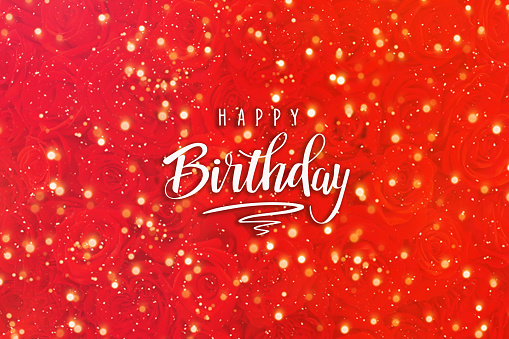 Majestic happy birthday card with red roses and bokeh lights