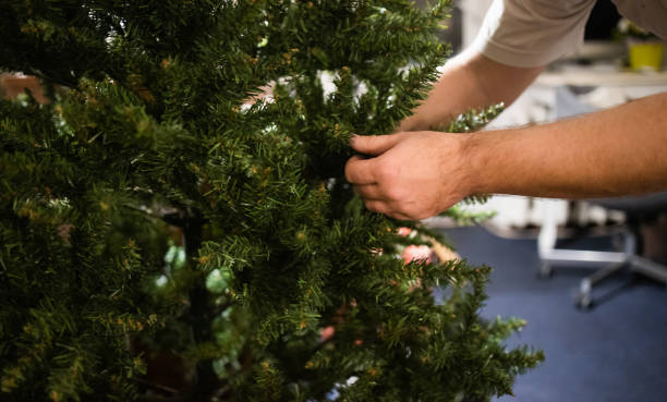 istock man decorates and straightens the christmas tree 1453381814