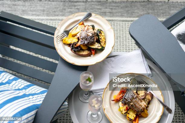 Bbq Salmon And Vegetables At The Cottage Stock Photo - Download Image Now - Adirondack Chair, Eggplant, Food
