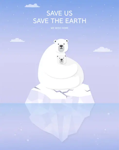Vector illustration of Polar bear on an ice floe. Mother and child. The glacier, Starry night in the North. Landscapes of the Arctic. Global warming, Climate change, sea level rise, nature damage. flat vector illustration.