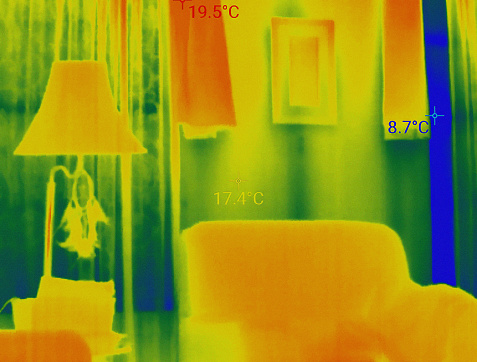 Image showing the temperature difference between parts of the living room in infrared.