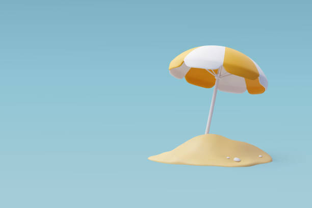illustrazioni stock, clip art, cartoni animati e icone di tendenza di 3d vector beach yellow umbrella, summertime relax, time to travel concept. - parasol vector umbrella beach