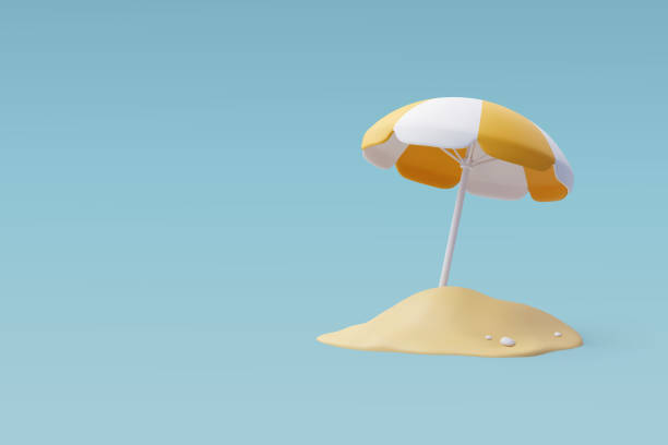 3d vector beach желтый зонтик, летний отдых, время для путешествий. - зонтик от солнца stock illustrations