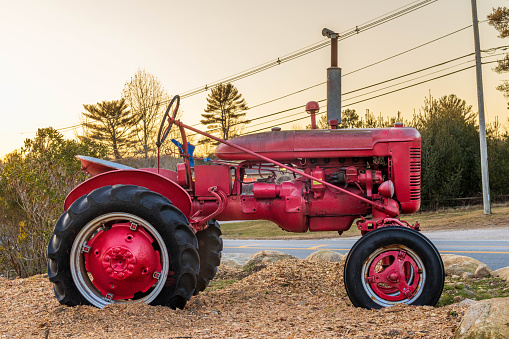 Old antique red farm truck in apple orchard against autumn landscape background. Blue sky on a sunny fall day in New England.