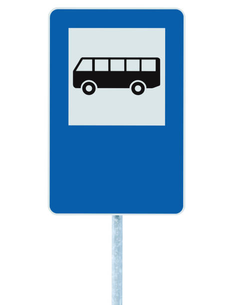 istock Bus stop road sign, blue white traffic signage, isolated blank empty copy space background, large detailed vertical closeup, grey pole post 1453394058