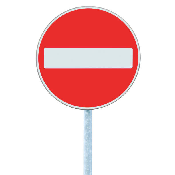 istock No Entry Road Sign, red round traffic warning roadside signage, grey pole post, large detailed vertical isolated closeup, white background 1453394061