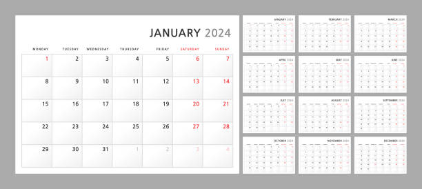 Wall quarterly calendar template for 2024 in a classic minimalist style. Week starts on Monday. Set of 12 months. Corporate Planner Template. A4 format horizontal vector art illustration