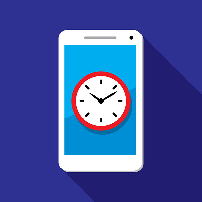 Vector illustration of a smartphone with clock icon against a blue background in flat style.