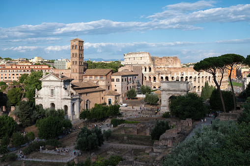 Aerial view of the Roman Forum with Colosseum in the background, Rome, Italy