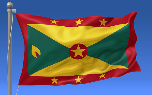 Grenada flag waving on the flagpole on a sky background