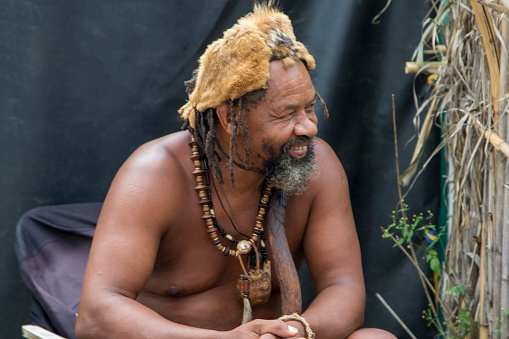 Pretoria, Gauteng, South Africa, March 10, 2022. South African Khoi man claims to be the Khoisan King, representing both the Khoi and the San people of the country. They are asking for First Nations Status, currently denied by the government.