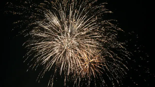 Beautiful fireworks in the night sky, bright colors, powerful explosions