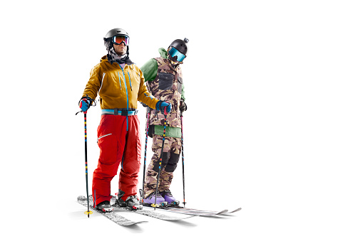 Skiing sport. Two skiers athlete looking into the distance. Sport emotion. Skiing. Winter sports. Freeriders. Isolated. Sport