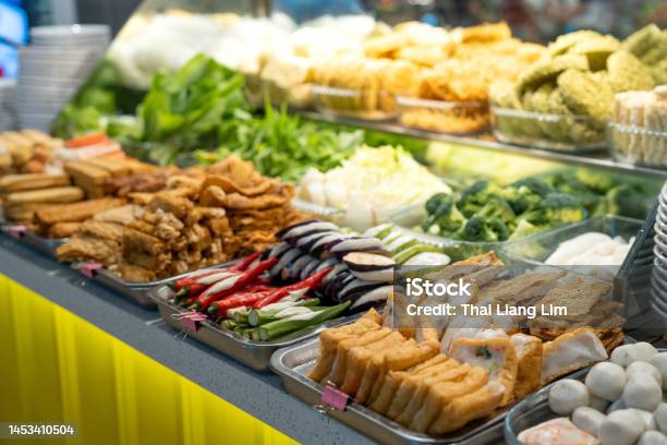 Yong Tau Foo Hakka Chinese Cuisine Consisting Of Tofu Filled With Ground Meat Mixture Or Fish Paste Display On Food Stall Stock Photo - Download Image Now