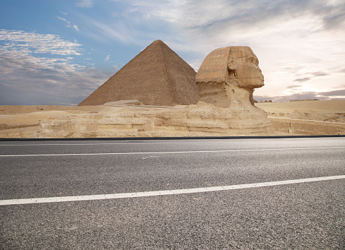 Beautiful  of the Great Sphinx including pyramids of Menkaure and Khafre  in Giza, Cairo, Egypt