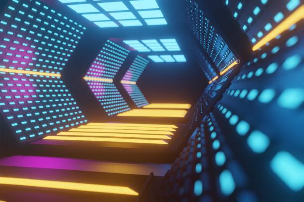 istock 3d render, glowing lines, tunnel, neon lights, virtual reality, abstract background, square portal, arch, pink blue spectrum vibrant colors, laser show 1453417310